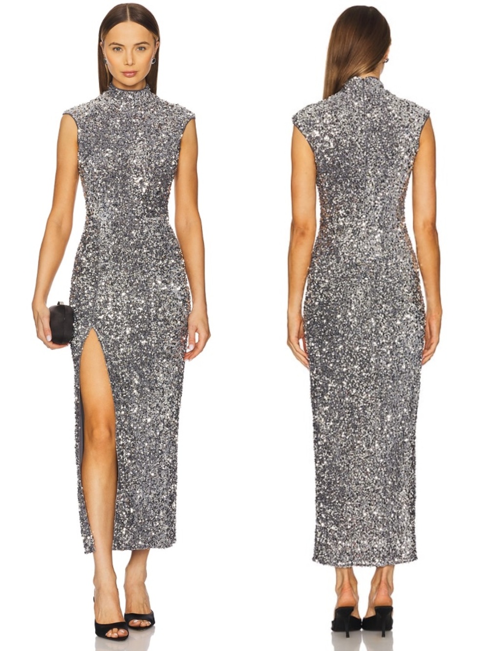 NEW BARDOT Sleeveless MOCK NECK Kelso SILVER Velvet SEQUIN Party Maxi DRESS XS